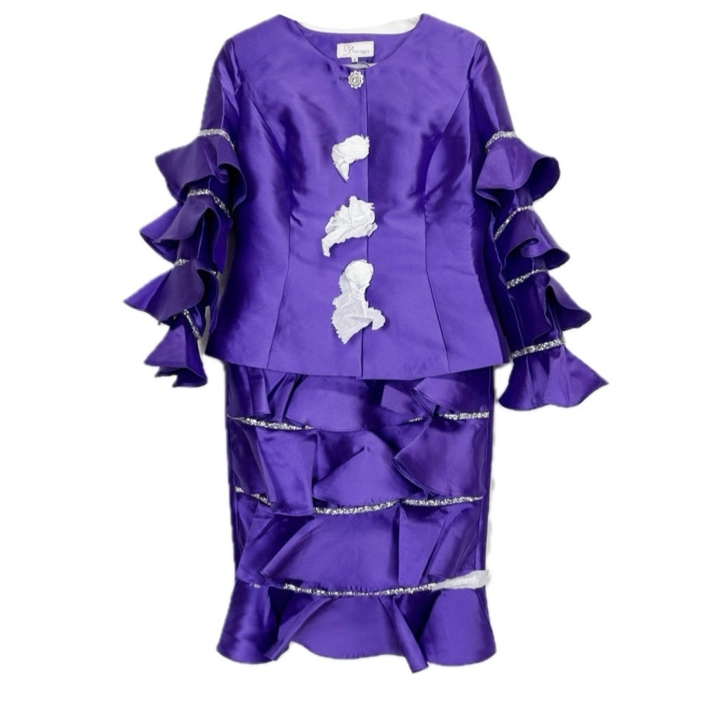 EY Boutique Skirt Suit Womens 8 Purple Ruffle Tiered Rhinestone 2 Piece Set
